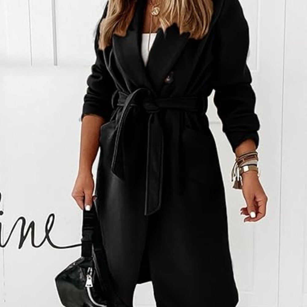 Women Double Breasted Wool Blend Notched Lapel Belted Peacoat Mid Long Coat Sz M - Picture 7 of 8